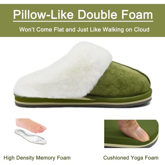 🆕Women Green Suede Fluff Dual Memory Foam Arch Support Warm Scuff Slipper - Picture 9 of 11